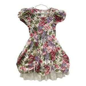 Vintage Jenny Annie Dots Girls Size 6 Floral Lace Puff Sleeve Party Dress